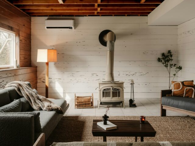 Living con estufa a leña y sillón (foto ilustrativa)